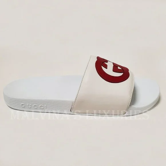 GUCCI SHOES WHITE LEATHER SLIDES INTERLOCKING G LOGO FLIP FLOPS sz IT 39 US 9